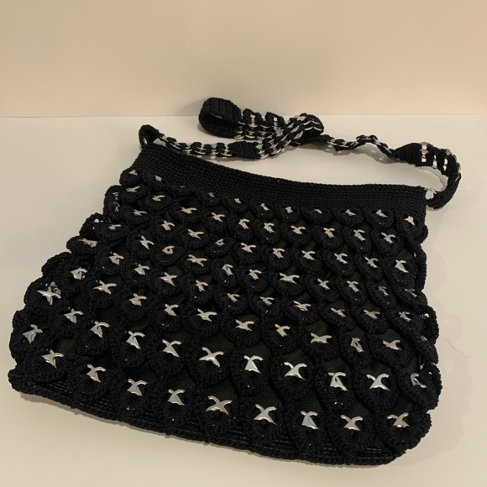 Black Crocheted‎ Shoulder Purse Metal Accents Macramé Boho Festival Shoulder Bag